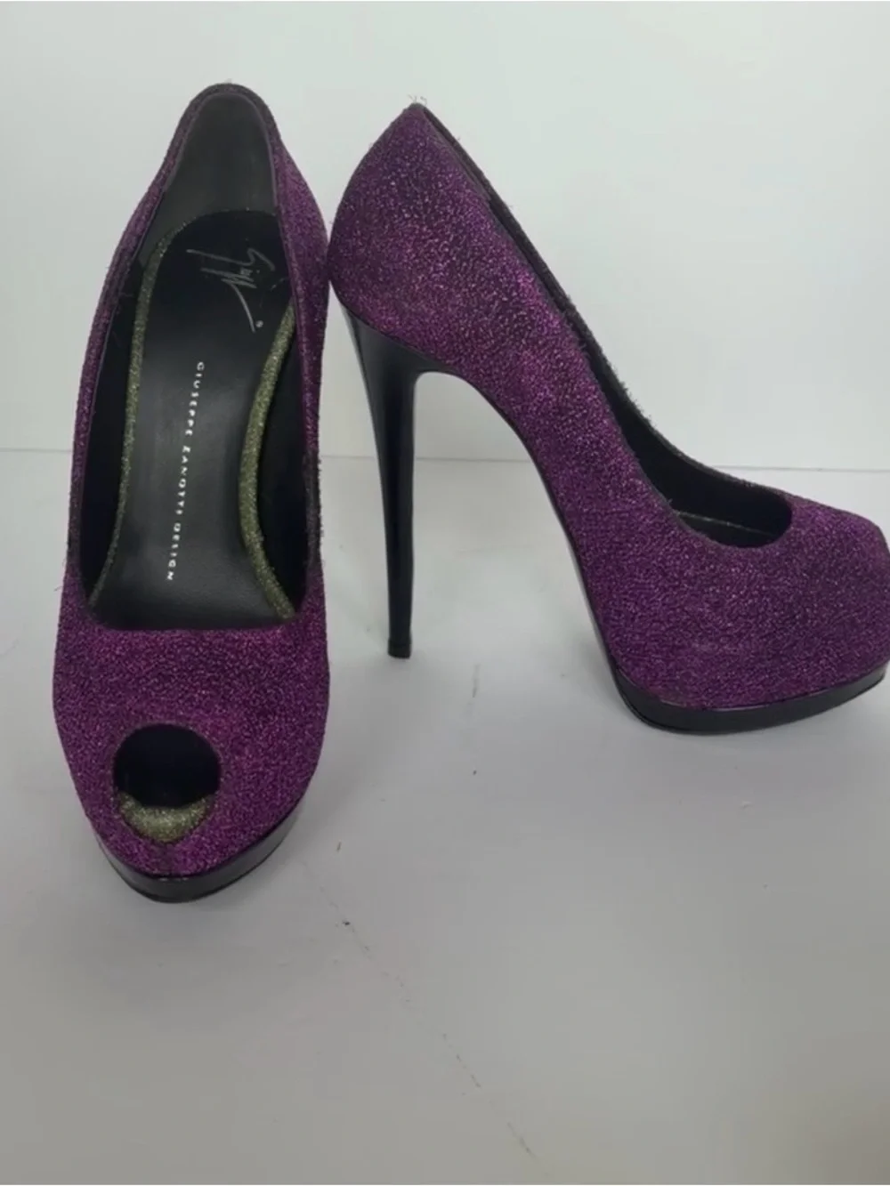 Giuseppe Zanotti Purple Glitter Peep-Toe Pumps with Gold Accents